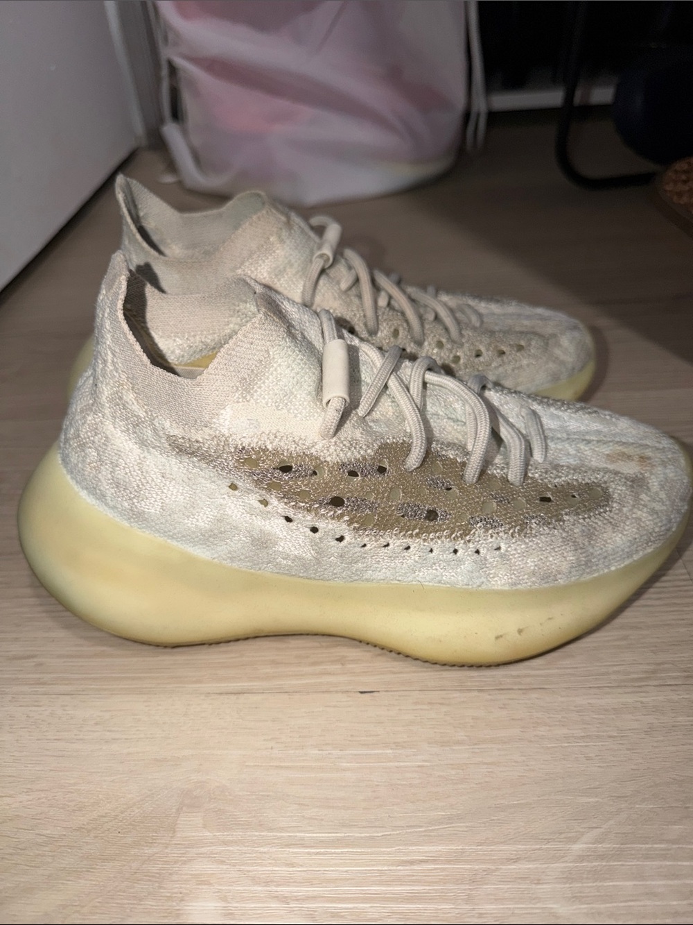 adidas Yeezy Neutral Beige Knit Sneakers with Light Olive Sole